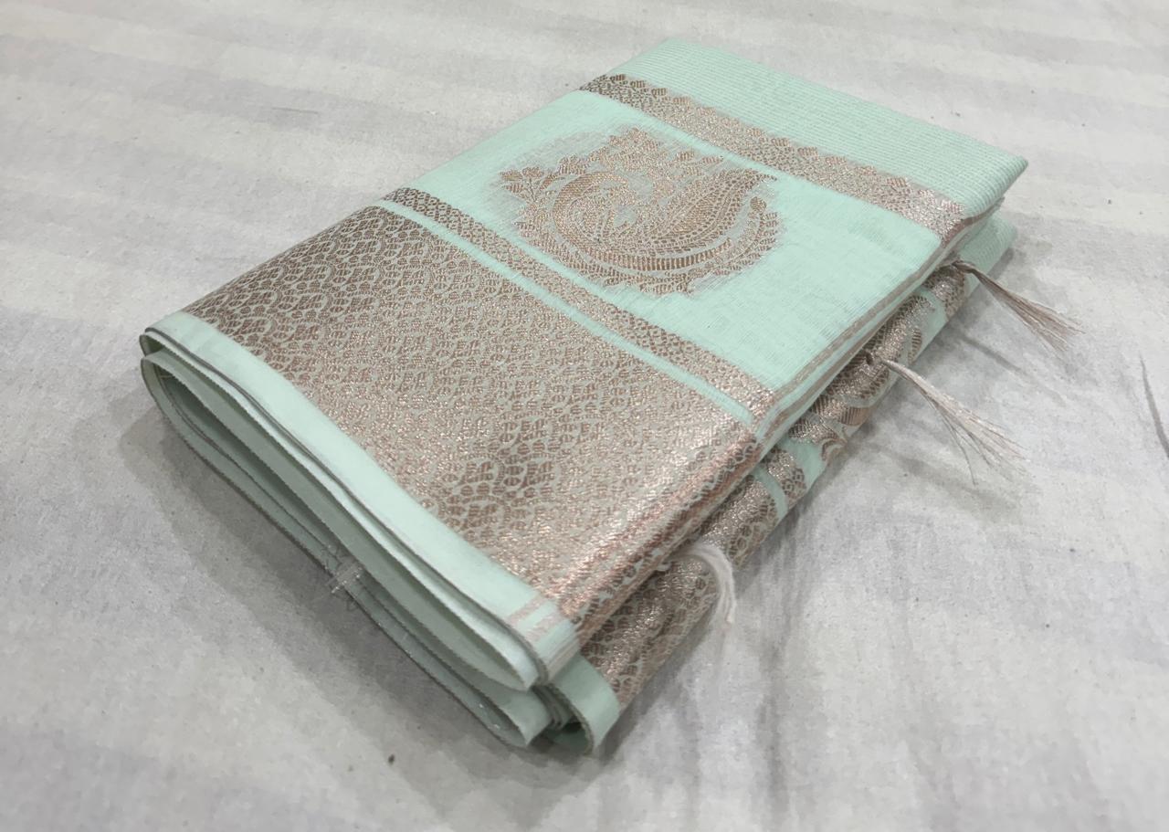 Pure Banarasi Linen Cotton Silk Saree with Copper Zari Border